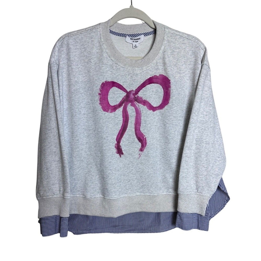 ee some Womens Gray Crew Neck Sweatshirt‎ Pink Bow and Striped Shirt Trim Size M - Picture 4 of 9